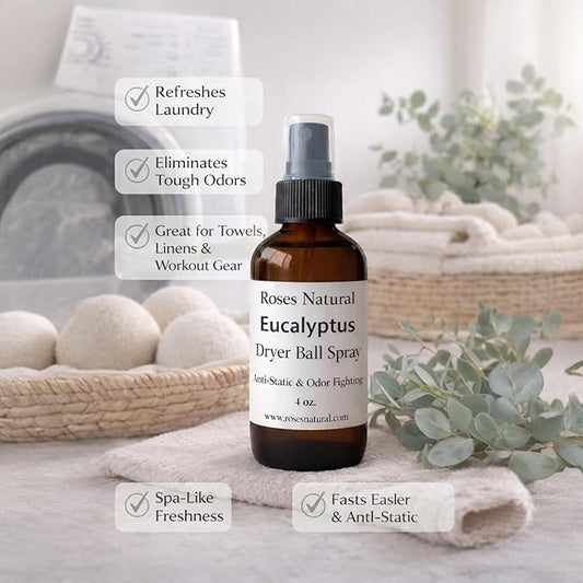 Natural Dryer Ball Spray, 4 oz, Patchouli, Lavender,Essential Oil Laundry Refresher, Fabric Freshener for Clothes, Linens & Wool, Anti-Static & Odor Neutralizer, Made in the USA (Eucalyptus)