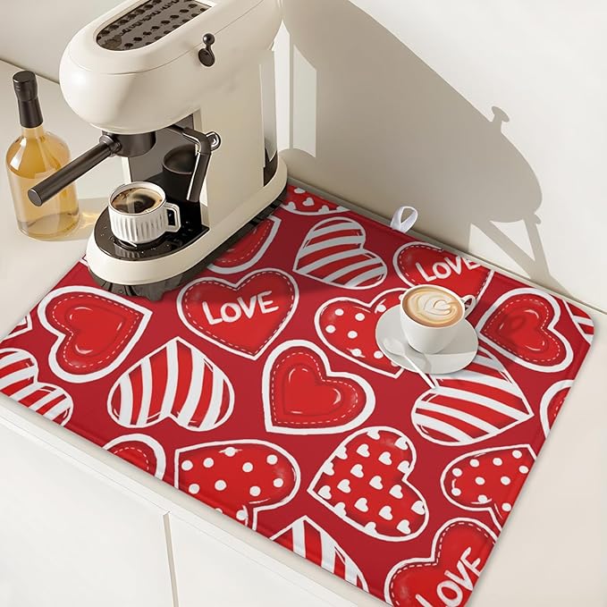 Valentines Day Dish Drying Mat for Kitchen Counter Red Polka Dot Stripe Love Heart Pattern Drying Mat 18x24 Inch Valentines Holiday Absorbent Dish Drainer Mat Kitchen Accessories