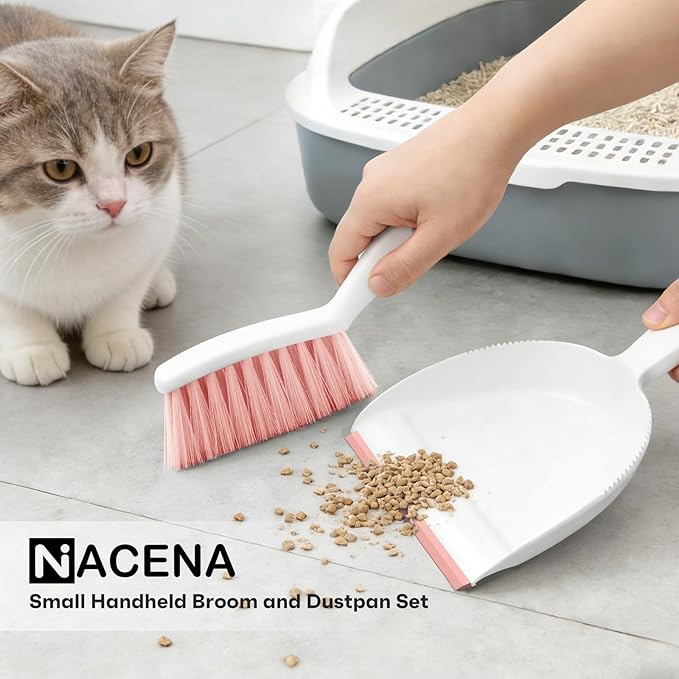 NACENA Handheld Dustpan and Broom Set – Mini Compact Brush Combo for Desktop, Sofa, Car & Kitchen Crumbs Small Cleaning Tool with Stiff Bristles, Pink