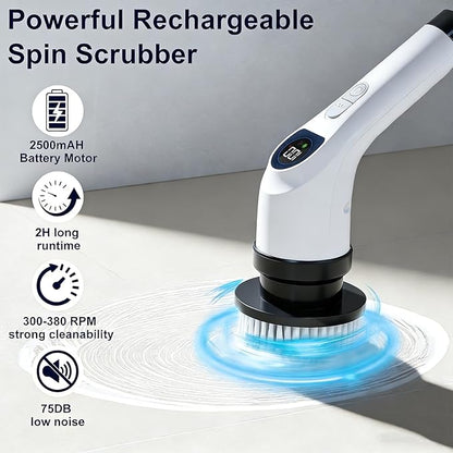 Electric Spin Scrubber for Cleaning, Adjustable Shower Brush with 7 Replaceable Heads & Power LED Display, 2 Speed Waterproof Cordless Shower Scrubber for Bathtub, Kitchen, Car, White