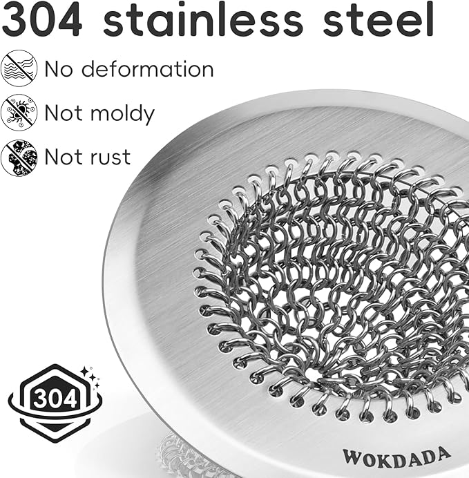 Wokdada Revolutionary Kitchen Sink Drain Strainer/Patented Reversible Chain Mesh, Effortless Cleaning & Debris Catcher, Large Capacity, No Clog, 304 Stainless Steel & Rust-Proof/Handmade