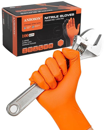 10mil Nitrile-Gloves Disposable-Orange Chemical-Resistant Rubber - Mechanic Gloves Heavy Duty, Latex Free, Diamond Grip (100, X-Large)