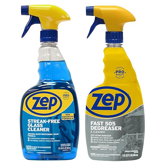 Zep Streak-Free Glass Cleaner 32 oz (1 Unit) and Zep Fast 505 Cleaner & Degreaser 32 oz 1 Unit) ECBD046 – Glass Cleaner for Windows and Mirrors with Heavy-Duty Degreaser for Grease and Grime