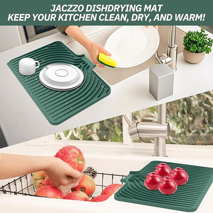 Dish Drying Mat for Kitchen Counter, with Built-in Drain Lip, Food-Grade Silicone, Easy Clean Pad for Countertop Protection, Multi-Functional Use (18x11.8, Dark Green)
