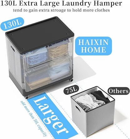 HAIXIN HOME 130L Rolling Laundry Hamper with Lid, Large Plastic Laundry Basket for College Dorm, Foldable Dirty Clothes Hamper Organizer for Industry, Bedroom, Living Room, Bathroom - Black 2 Pack