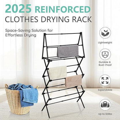 4 Tier Clothes Drying Rack Foldable | Foldable Clothing Drying Rack | Laundry Drying Rack Collapsible for Laundry Room, Dorm, Expandable Sturdy Metal Design | Black 29"L x 11.5"W x 53"H