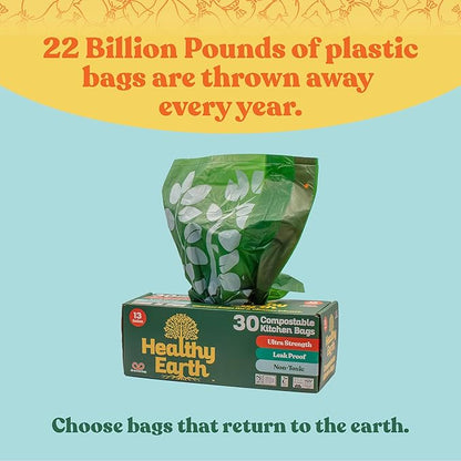 Healthy Earth 13 Gallon Compostable Drawstring Trash Bags, 1.13 Mil Extra Thick Tall Kitchen Liners (49.2 L), Heavy Duty Leak-Proof Food Scrap Bags, BPI & TÜV OK Compost Certified, 60 Count