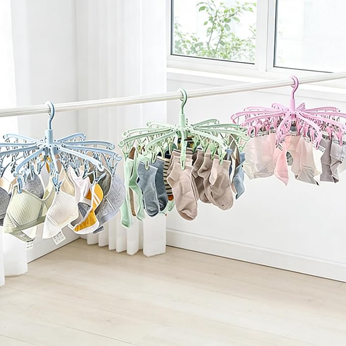 Foldable Drying Rack with 40 Clips for Drying Socks Lingerie Baby Clothes Drying Towels Rotatable Sock Drying Rack (Blue)