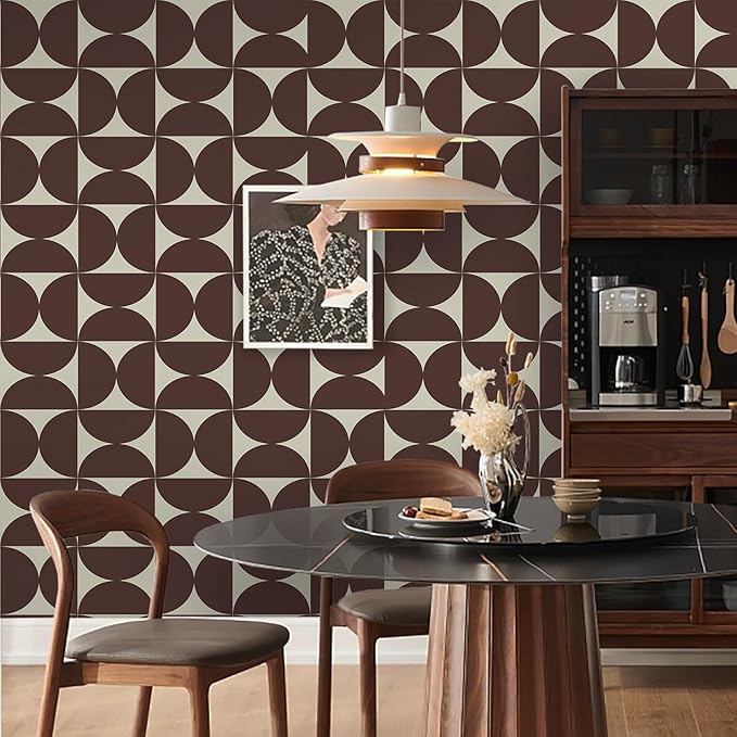 Dimoon 393"x17.3"Peel and Stick Wallpaper Geometric Contact Paper Vintage Dark Red Beige Wall Paper Removable Square Waterproof Self Adhesive Wall Covering for Bedroom Shelf Liner Decal Vinyl Roll
