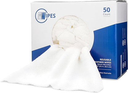 Microfiber Rags in A Box (50 Count) - Mwipes - 10" x 12" Reusable Wipes for Cleaning - Edgeless Terry Towels, Shop Rags, Wash, Dust, Disposable, House, Small Cleaning Cloths (White)