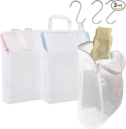 3 Pcs Laundry Bags Mesh Wash Bags with S Hooks,Bra Washing Bags for Laundry, Laundry Bags for Delicates,Sock Bag for Washing Machine,12 x 7.9 Inch (3 Color)