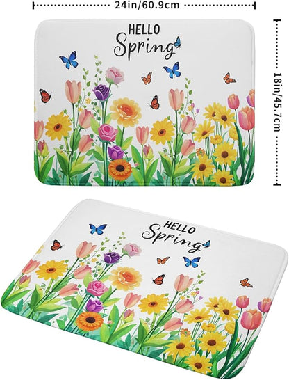 Hello Spring Flowers Green Dish Drying Mat 18 x 24 Inch With Absorbent Reversible Microfiber Butterfly Floral Spring Summer Drying Mats Fast Dry Pad Draining Mat For Kitchen Countertop