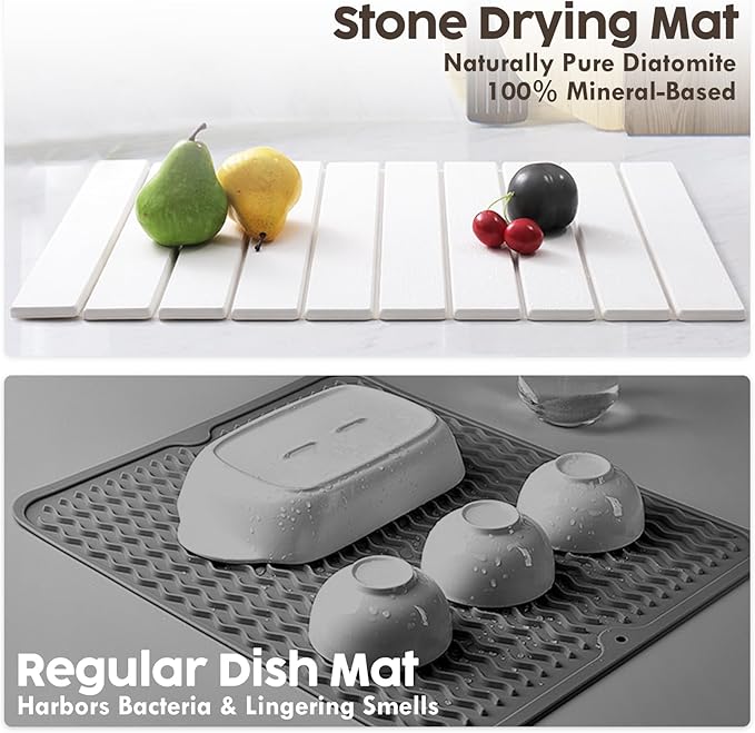 Large Stone Dish Drying Mat for Kitchen Counter, Premium Diatomaceous Earth Coaster Set for Dishes with Free Drainer Rack| Non-Slip Kitchen Sink Mat | Fast-Absorbing, Eco-Friendly (24x16 Inch, White)