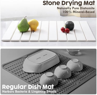 Large Stone Dish Drying Mat for Kitchen Counter, Premium Diatomaceous Earth Coaster Set for Dishes with Free Drainer Rack| Non-Slip Kitchen Sink Mat | Fast-Absorbing, Eco-Friendly (24x16 Inch, White)