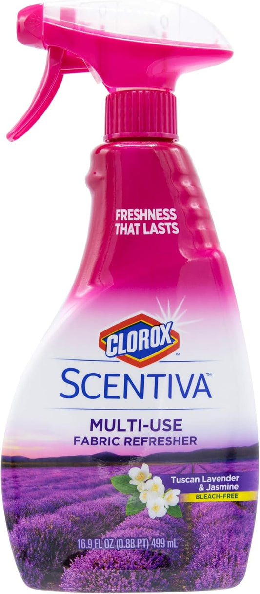 Clorox Scentiva Refresher Spray, Tuscan Lavender & Jasmine Scent - Multi-Use Fabric & Linen Freshener Spray - Odor Eliminator for Home, Upholstery, Bedding, Curtains, Room, 16.9 Fl Oz