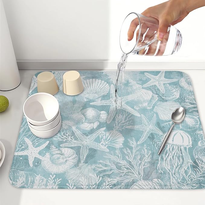 Summer Sea Shell Drying Mat 18x16 Inch, Teal Starfish Drying Mat with Absorbent Reversible Microfiber, Coastal Dish Drainer Mats Holiday Ocean Rack Pad for Coffee Countertop Kitchen Protector