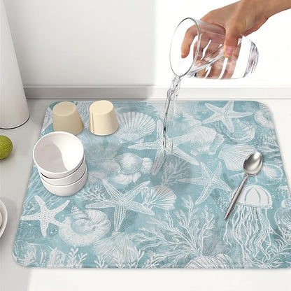 Summer Sea Shell Drying Mat 18x16 Inch, Teal Starfish Drying Mat with Absorbent Reversible Microfiber, Coastal Dish Drainer Mats Holiday Ocean Rack Pad for Coffee Countertop Kitchen Protector