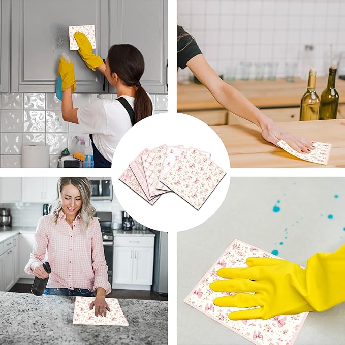 Pink Swedish Dish Cloths for Kitchen, 6 Pack Reusable Coquettte Swedish Dishcloths, Bow Absorbent Sponge Cleaning Dish Cloths for Party Home Cleaning Quick Drying Washable No Odor Hand Towel