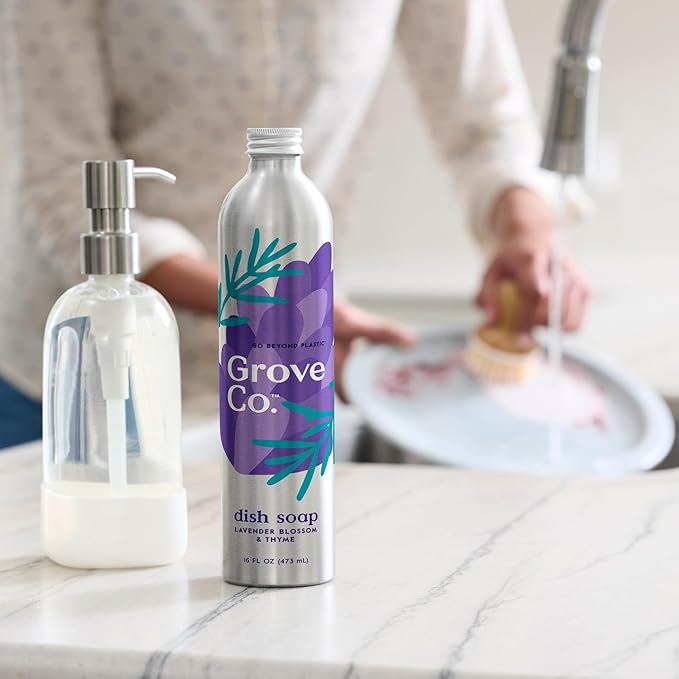 Grove Co. Ultimate Dish Soap Refills (3 x 16 Fl Oz) Removes 48-hour Stuck-on Food and Grease, Plastic-Free Cleaning Products, 100% Natural Lavender Blossom & Thyme Fragrance