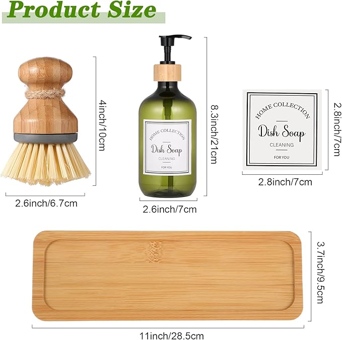 Zopeal 4 Pcs 16 oz Kitchen Soap Dispenser Set with Bamboo Tray and Dish Brush Plastic Soap Dispenser Set with Waterproof Labels for Hand Dish Lotion(Green)