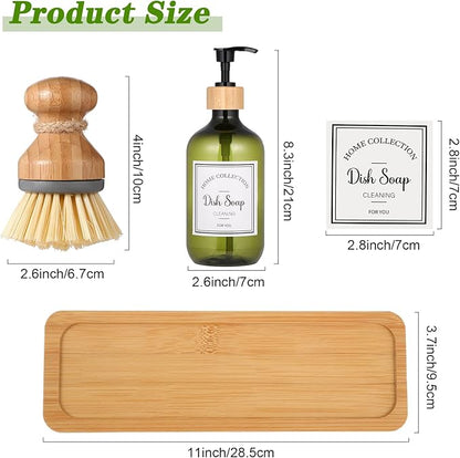 Zopeal 4 Pcs 16 oz Kitchen Soap Dispenser Set with Bamboo Tray and Dish Brush Plastic Soap Dispenser Set with Waterproof Labels for Hand Dish Lotion(Green)