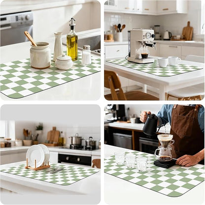 17" x 32" Checkered Dish Drying Mat for Kitchen Counter, Absorbent Coffee Bar Mat for Espresso Machine Coffee Countertops Accessories (Green)