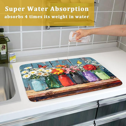 Spring Summer Floral Dish Drying Mat for Kitchen Counter 18x24 Woodgrain Colorful Flower Butterfly Seasonal Absorbent Reversible Microfiber Drying Mats Kitchen Countertop Protector Dishes Drainer Pad