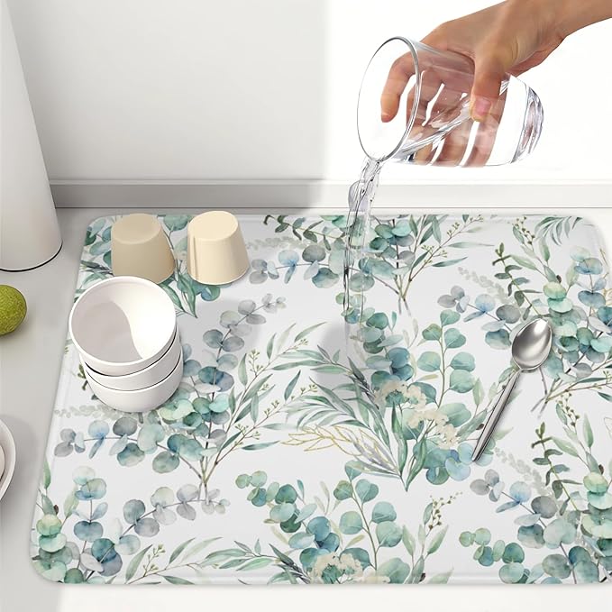 Spring Sage Green Leaves Dish Drying Mat for Kitchen Counter Watercolor Eucalyptus Leaf Drying Mat 18x24 Inch Rustic Farmhouse Absorbent Dish Drainer Mat Kitchen Accessories