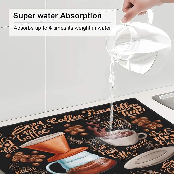 Fun Coffee Dish Drying Mat, Highly Absorbent Microfiber Kitchen Counter Pad Reusable Washable, 16*18"