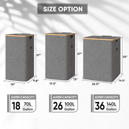 BALEINE Laundry Hamper with Lid, Tall Laundry Baskets with Bamboo Pull Handles, Large Laundry Bin with Internal Support (26 Gal/100L, Grey) (Pack of 2)