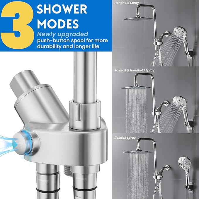 Ryamen Dual Shower Head Combo, 8'' High Pressure Rain Shower Head with Handheld Spray, 6 Settings Handheld Showerhead, 15" Height Adjustable Slide Bar, Angle Adjustable, Chrome Polished