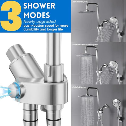Ryamen Dual Shower Head Combo, 8'' High Pressure Rain Shower Head with Handheld Spray, 6 Settings Handheld Showerhead, 15" Height Adjustable Slide Bar, Angle Adjustable, Chrome Polished
