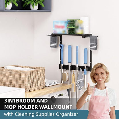 Broom Holder Wall Mount with Cleaning Supplies Organizer, Laundry Room Organization and Storage Shelves, Mop Hanger Broom Rack with Hooks, Home Improvement Kitchen Shelf Garage Organizer