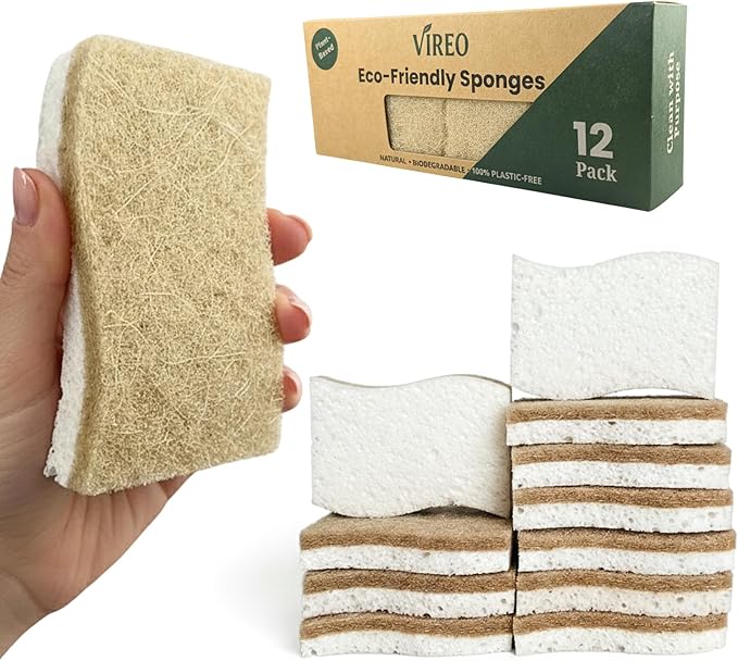 12 Pack Non-Scratch & Odor-Free Eco Sponges – Natural Biodegradable Cellulose & Coconut Fiber Kitchen Scrubbers – Compostable, Zero Waste Sponges for Dishwashing & Cleaning