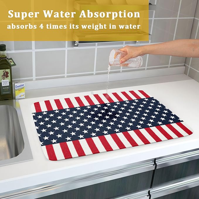 4th of July Dish Drying Mat For Kitchen CounterPatriotic American Flag Star Stripes Microfiber Absorbent Drying Mats Reversible Kitchen Countertop Drainer Pad 18x24 Inch