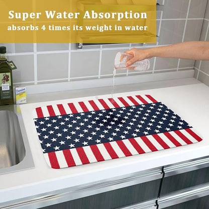 4th of July Dish Drying Mat For Kitchen CounterPatriotic American Flag Star Stripes Microfiber Absorbent Drying Mats Reversible Kitchen Countertop Drainer Pad 18x24 Inch
