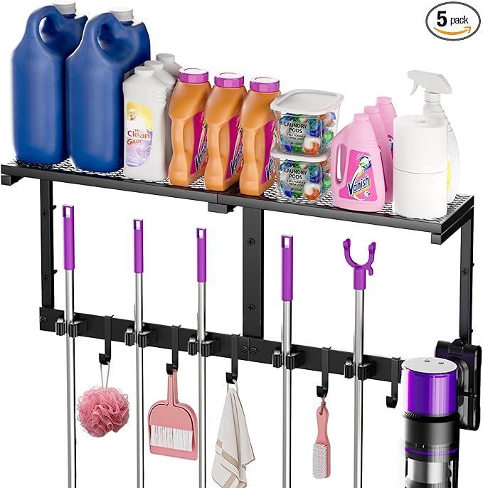 Heavy Duty Broom Holder Wall Mount with Cleaning Supplies Organizer, Space-Saving Laundry Room Organization and Storage Shelves, All-Metal Mop Hanger Broom Rack with Hooks, Garage Organizer Shelf