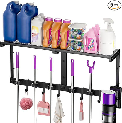 Heavy Duty Broom Holder Wall Mount with Cleaning Supplies Organizer, Space-Saving Laundry Room Organization and Storage Shelves, All-Metal Mop Hanger Broom Rack with Hooks, Garage Organizer Shelf