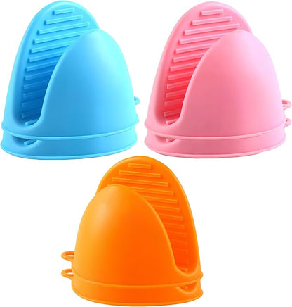 3 Pairs (Blue, Pink, Orange), Mini Silicone Oven Gloves, Mini Finger Protector Pot Holder for Kitchen,Cooking,Baking,BBQHeat Resistant Gloves，can be Washed in The Dishwasher