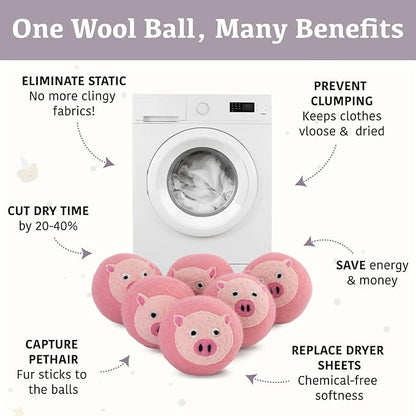 Wool Dryer Balls XL 6-Pack with Felt Box - 100% Pure Wool, Eco-Friendly Fabric Softener, Reduces Wrinkles & Drying Time, Anti-Static, Hypoallergenic, Reusable for 1000+ Loads (Pink Pig)