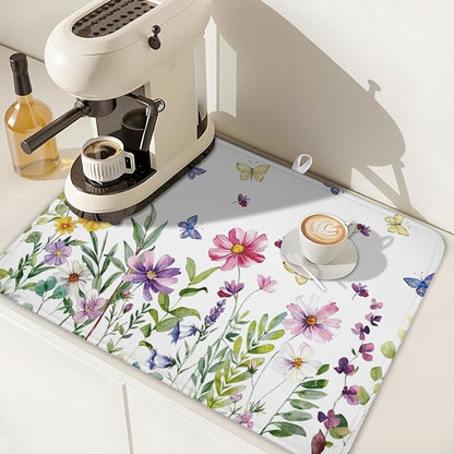 Wildflower Dish Drying Mat for Kitchen 24x18 Inch Colorful Floral Butterfly Drying Mat with Absorbent Reversible Microfiber Season Spring Dish Drainer Mats Rack Pad for Coffee Countertop Protector