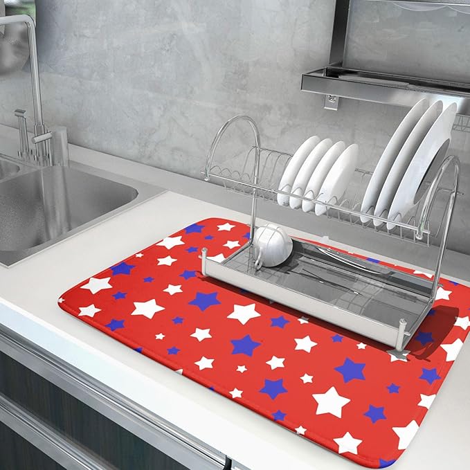 Fourth of July Independence Memorial Dish Drying Mat for Kitchen Counter,Blue White Star Patriotic Red Drying Mat 18 x 24 Inch with High Absorbent Microfiber Dish Drying Mat for Coffee Bar