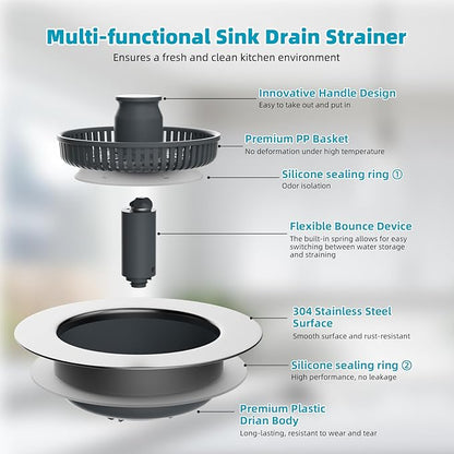 Hibbent 2 Pack 3 in 1 Kitchen Sink Drain Strainer, Stainless Steel Wrapped Shell Drain Stopper Combo, Pop Up Sink Stopper, Anti-Clogging Basket Strainer with Handle for US Standard 3-1/2" Drain