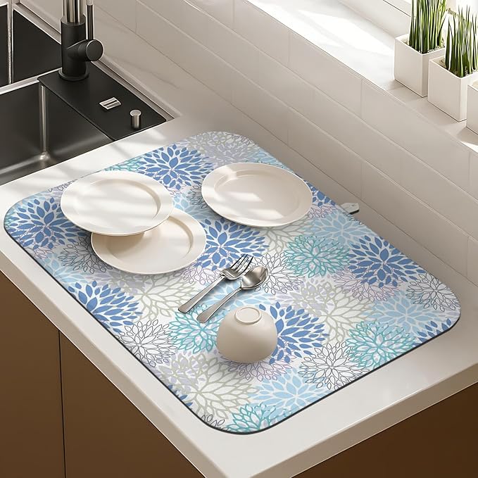 Dish Drying Mat Drainer Pads - Extra Large Microfiber Drying Mats for Dishes Kitchen Counter Super Absorbent Pads for Draining Racks (Blue,18"x24" )