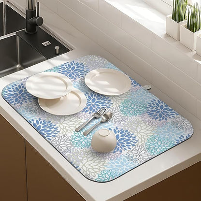 Dish Drying Mat Drainer Pads - Extra Large Microfiber Drying Mats for Dishes Kitchen Counter Super Absorbent Pads for Draining Racks (Blue,18"x24" )
