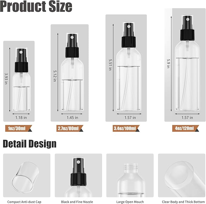 EPHECH 50PCS Small Spray Bottle, 3.4oz/100ml Travel Spray Bottle Clear Fine Mist Plastic Empty Refillable Spray Bottles for Skin Care, Hair Care, Plant Care & Home Cleaning