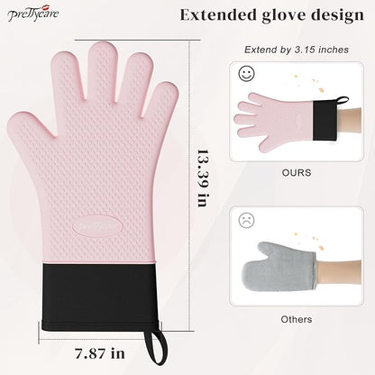 PrettyCare 14 in Silicone Oven Mitts for Women, Heat Resistant Waterproof Oven Gloves with Fingers, Cotton Lined Silicone Oven Gloves for Baking Cooking BBQ,Kitchen Essentials Gift for Women (Pink)