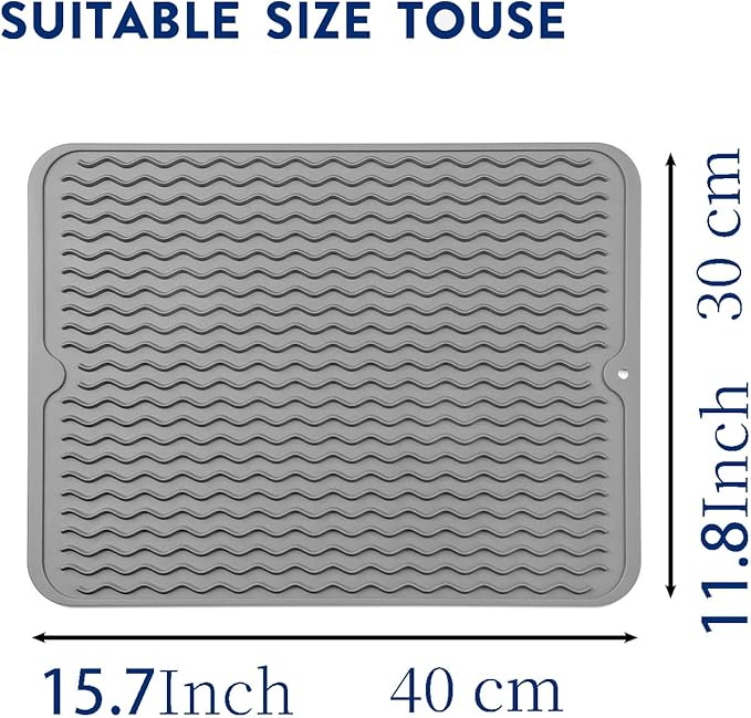 Silicone Dish Drying Mat for Multiple Usage,Easy clean,Eco-friendly,Heat-resistant Silicone Mat for Kitchen Counter or Sink,Refrigerator or Drawer liner Grey L 16 inches x 12 inches