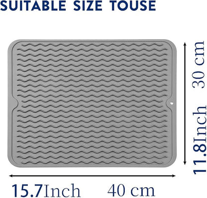 Silicone Dish Drying Mat for Multiple Usage,Easy clean,Eco-friendly,Heat-resistant Silicone Mat for Kitchen Counter or Sink,Refrigerator or Drawer liner Grey L 16 inches x 12 inches