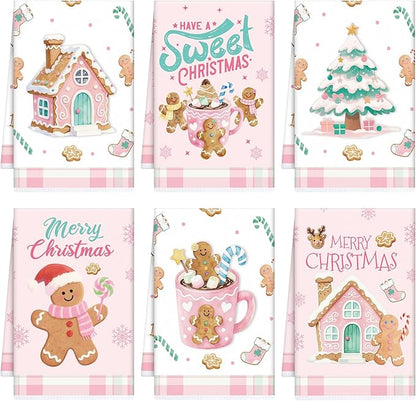 Pink Christmas Kitchen Towels, 6PCS Gingerbread Hand Tea Towels Set Xmas Housewarming Gifts, Candy Cane Kitchen Dish Clothes Bathroom Holiday Decor Supplies